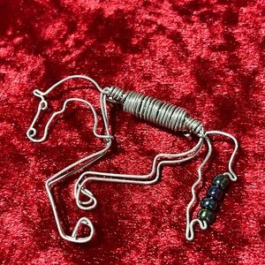 Handcrafted Wire Silver Tone Metal Horse Pin with Bead Accent